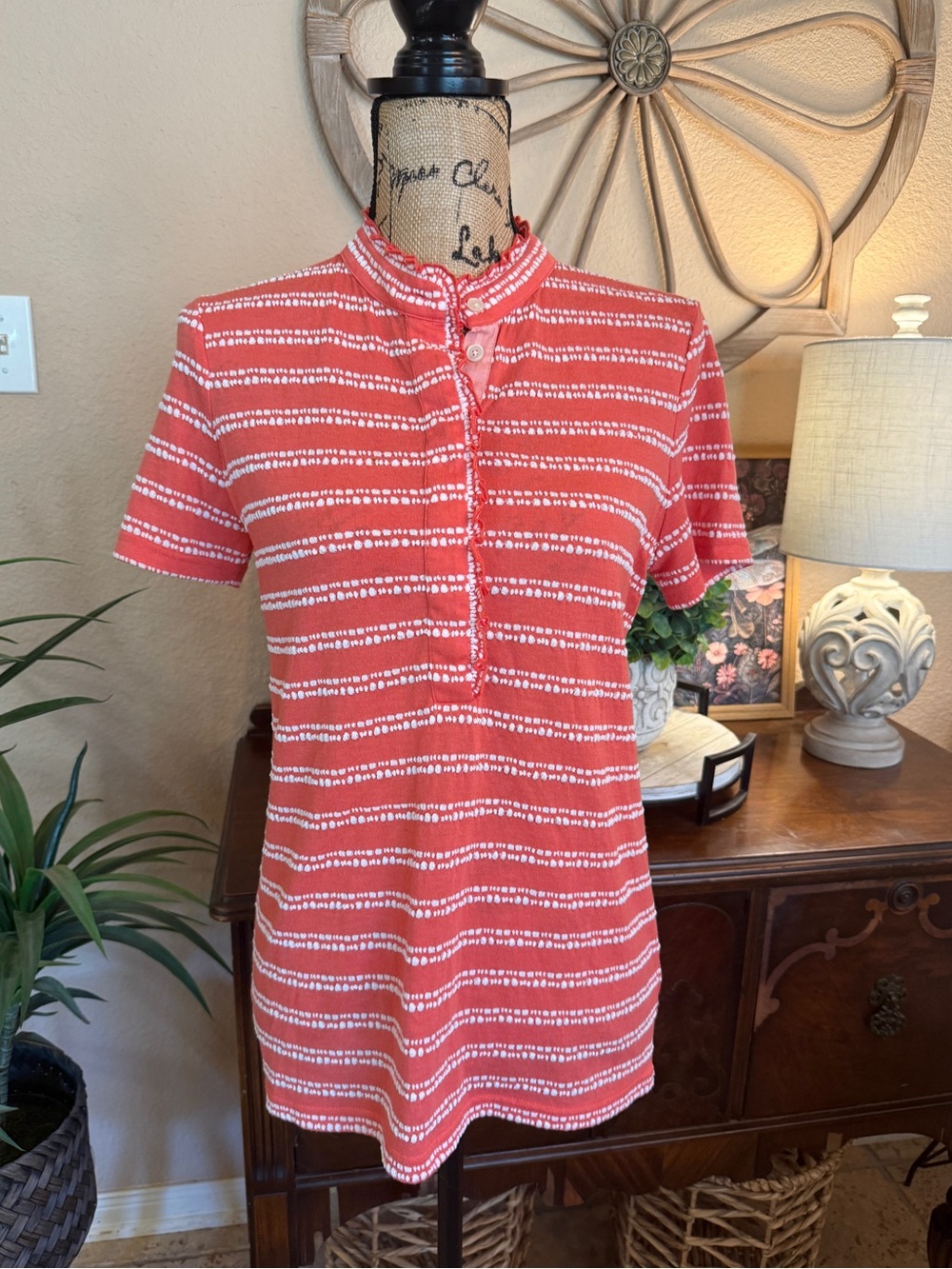 Tory Burch Short-Sleeve Coral Stripe Top with Ruffle Accents